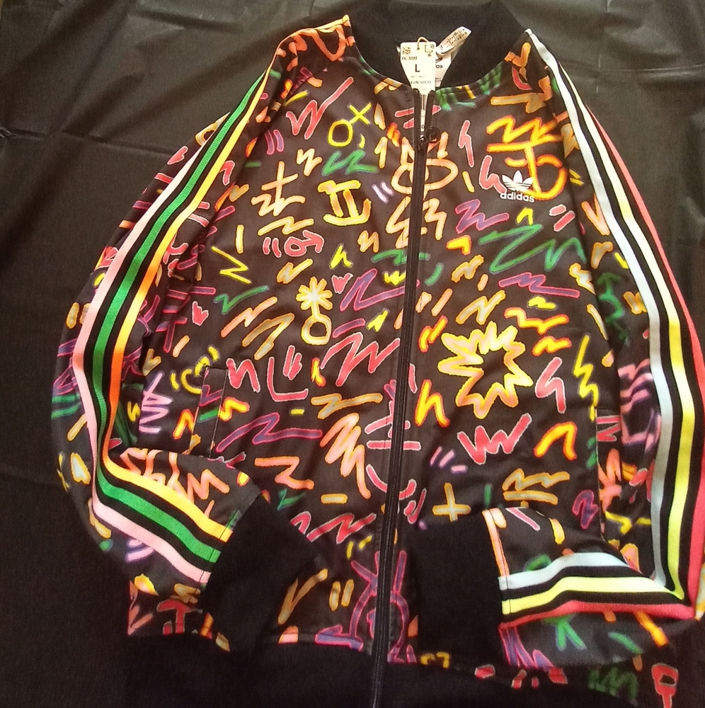 Adidas Black Bomber Jacket with Vibrant Graffiti Design